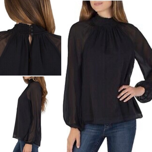 🎉Host Pick! NWT JOIE Limited Edition Long Sheer Sleeve Smocked Blouse - Black - Picture 1 of 14